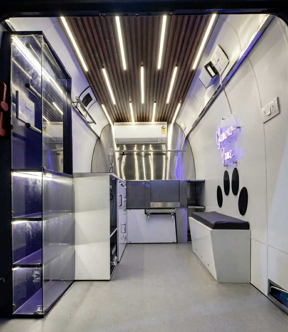 Luxury grooming van interior with modern equipment and lighting